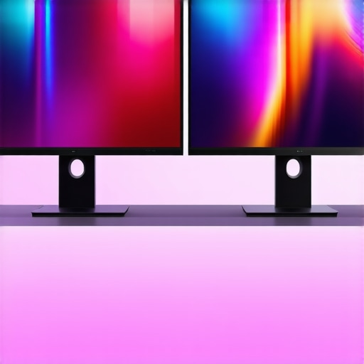 A sleek dual monitor workspace with ergonomic adjustments and vibrant color displays