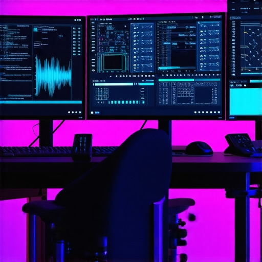 A professional creative workspace with dual monitors, ergonomic accessories, and calibration devices.