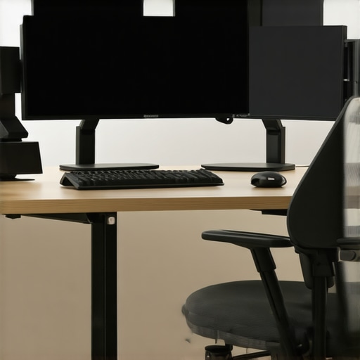 A modern ergonomic workspace with adjustable dual monitors, ergonomic chair, and ambient lighting.