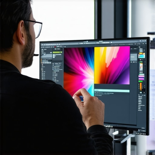 Designer working on a vibrant 4K OLED display in a contemporary studio environment.