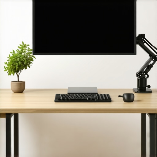 A sleek desk with adjustable monitor arm holding a 4K monitor, ergonomic chair, and natural light.