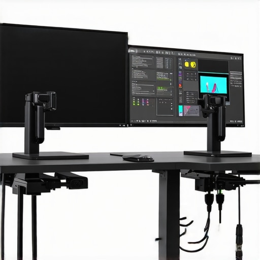 Dual monitors with adjustable arms, cable management, and calibration devices