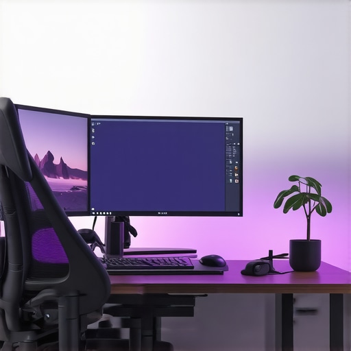A professional workspace with adjustable monitors, ergonomic accessories, and ambient lighting for comfortable long-term use.