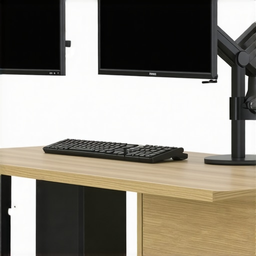 Modern ergonomic workspace with dual 4K monitors and adjustable setup