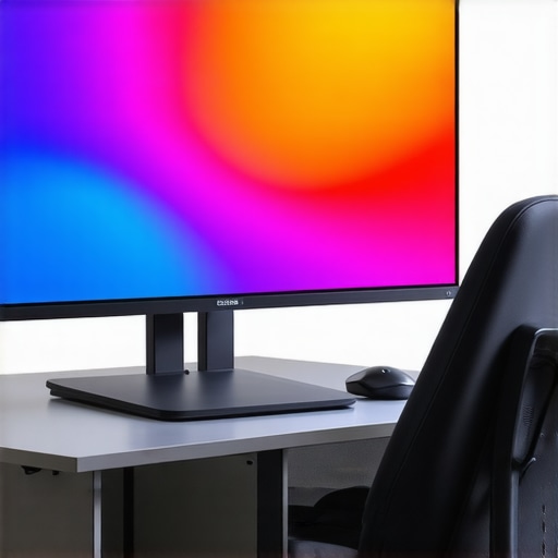 Futuristic workspace featuring a monitor with Quantum Dot and Mini-LED technology highlighting vibrant colors and contrast