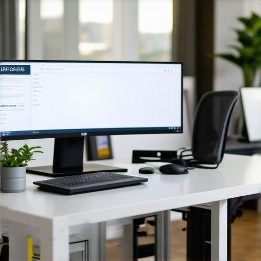 Modern professional workspace featuring a curved ultrawide monitor with calibration and ergonomic accessories.