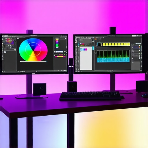 A professional workspace featuring high-end monitors with calibration equipment and ergonomic furniture