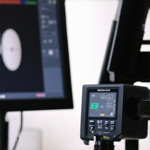 A person using a colorimeter to calibrate a high-end 4K monitor in a professional office setting.