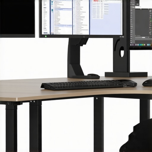 A modern workspace with two 4K monitors, ergonomic chair, and adjustable desk