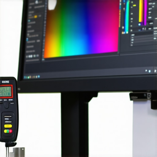 Professional calibrating a high-end monitor with a colorimeter in a well-lit office