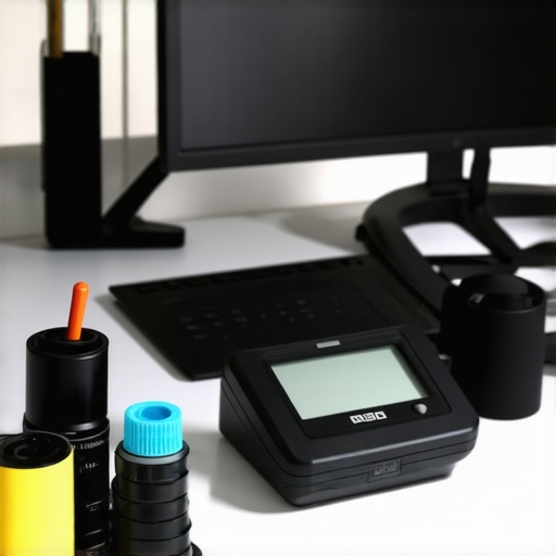 Workspace with calibration device, cleaning cloths, and dual monitors ready for maintenance.