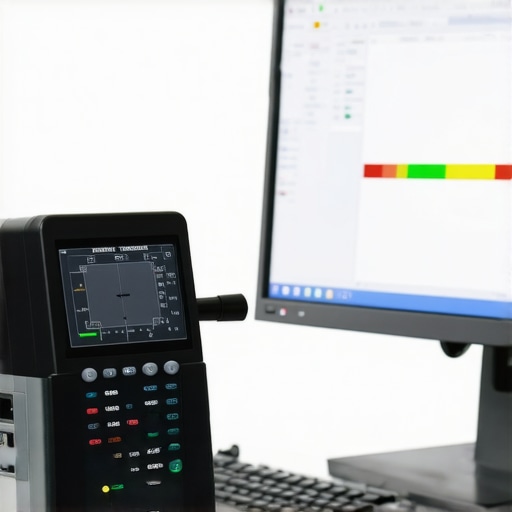 Calibration device measuring a high-resolution monitor in a professional setting.