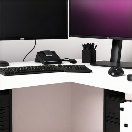 A modern office desk featuring two high-resolution color-accurate monitors, ergonomic stand, and calibration device.