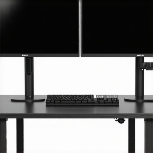 A clean, ergonomic dual monitor workspace with adjustable arms and high-resolution screens.