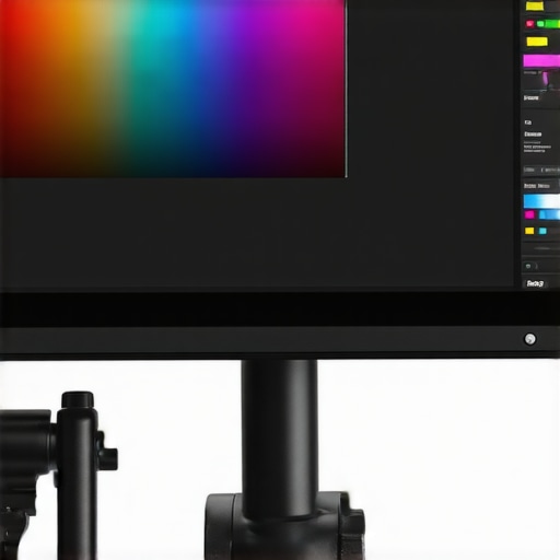 Close-up of a calibrated 4K monitor showing color calibration tools on the desk