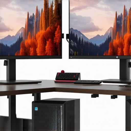 Modern ergonomic dual monitor arrangement with adjustable stands and vibrant screens