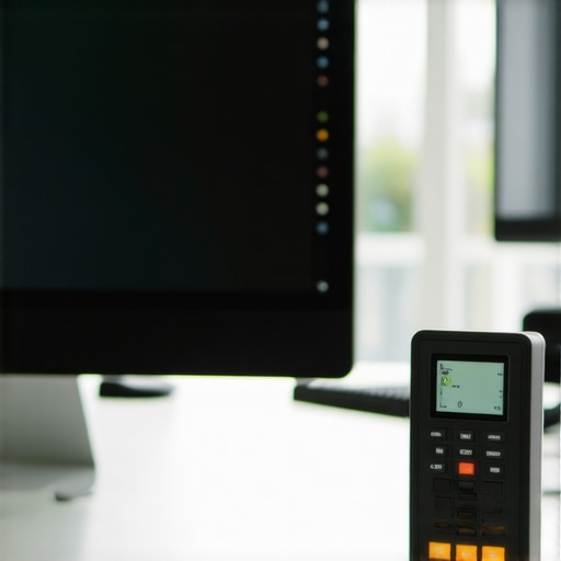 Person calibrating a monitor with a colorimeter device in an office environment.
