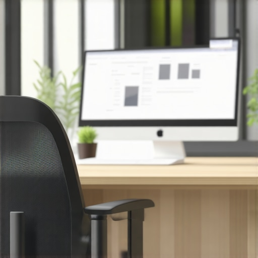 A well-organized office desk featuring two monitors set up ergonomically with good lighting.