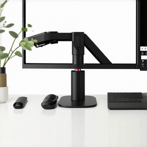 A sleek office setup with a high-resolution 4K monitor on an adjustable arm, with calibration equipment nearby.