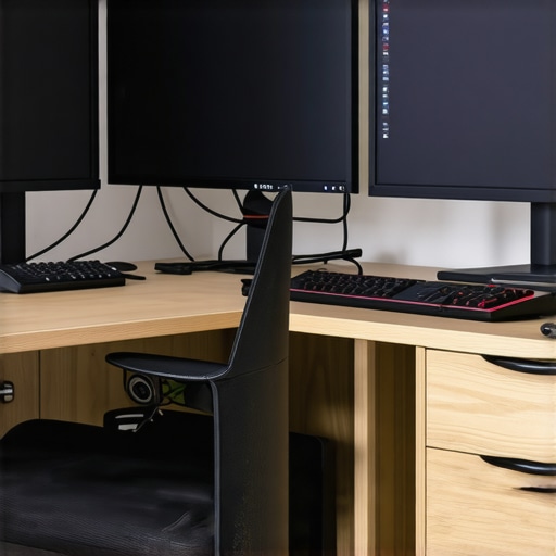 A clean, organized office desk featuring dual 4K monitors, calibration device, and ergonomic stand, emphasizing workspace maintenance.