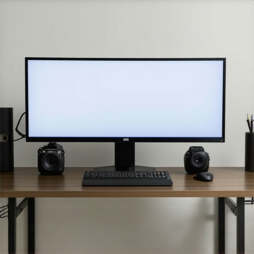 A modern office setup featuring a calibrated 4K monitor, calibration device, ergonomic stand, and organized workspace.