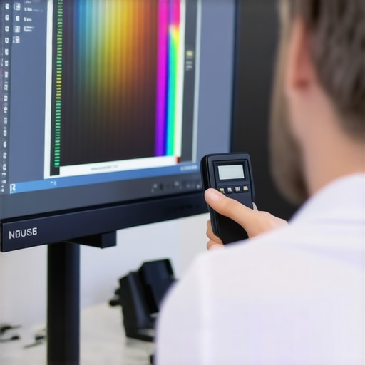 Technician calibrating a color-accurate monitor using a colorimeter in a clean, modern office
