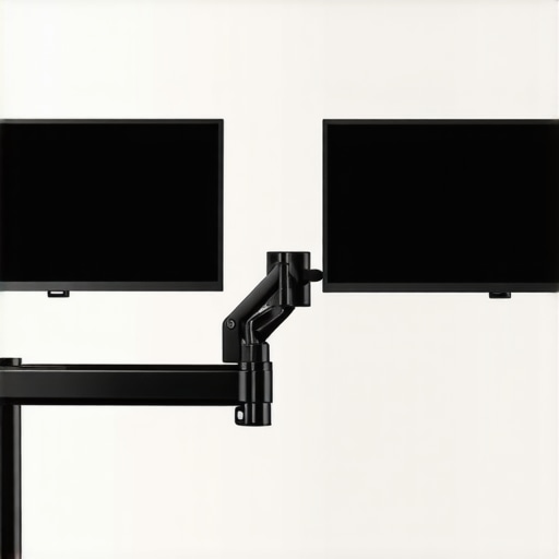 Close-up image of a sturdy dual monitor arm holding a 4K monitor in an ergonomic workspace