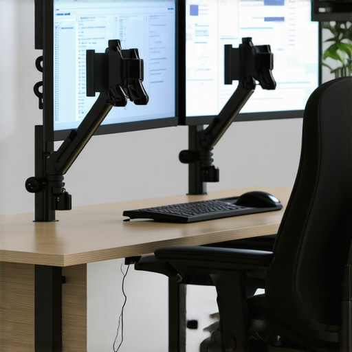 Dual monitors arranged ergonomically at eye level in a modern office