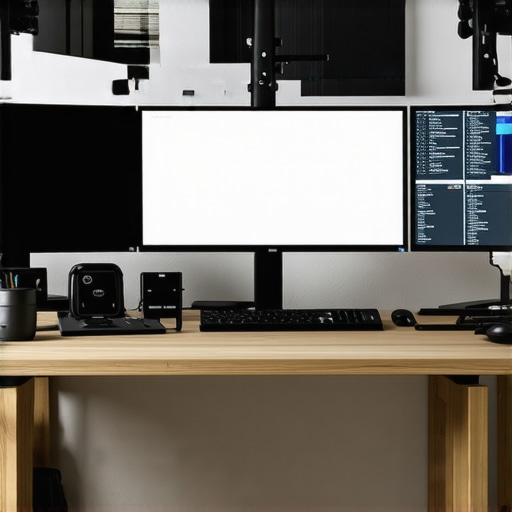 A tidy office desk with dual monitors mounted on heavy-duty arms, calibration tools nearby, and screens looking pristine and glare-free.
