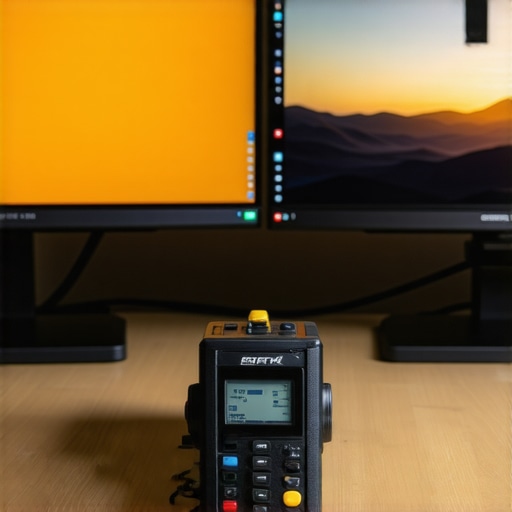 A person calibrating their dual monitor setup with a colorimeter device to maintain color accuracy and performance.