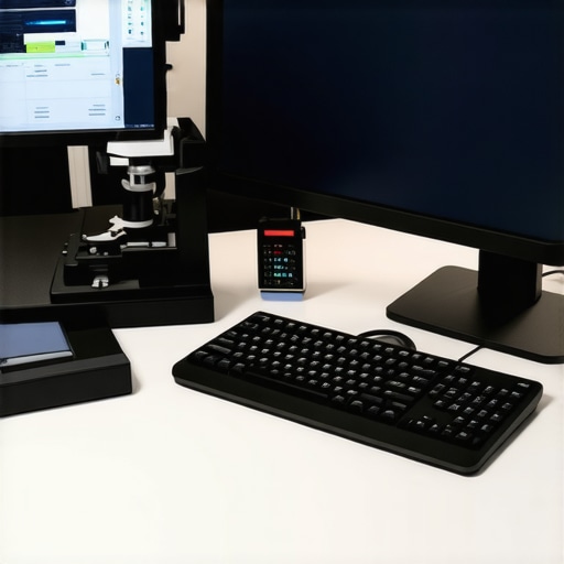 Person calibrating a monitor with a colorimeter during a workspace setup