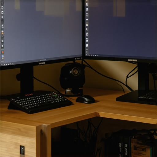 A professional ergonomic desk with dual monitors, adjustable arms, and ambient light