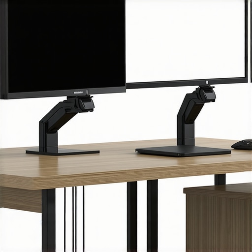 A sleek office setup with dual monitors on adjustable arms, and cables hidden and managed for a clutter-free environment.