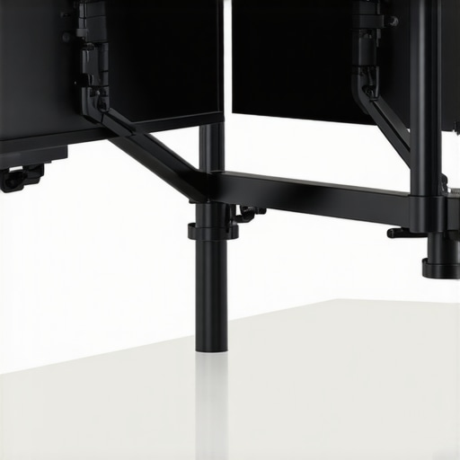 Close-up of a sturdy dual monitor arm holding two 4K monitors in an ergonomic office setup