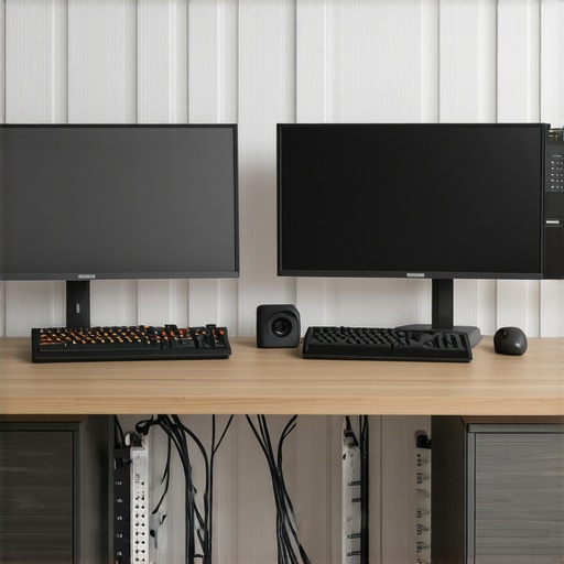 A clean and organized dual monitor desk setup with adjustable arms and tidy cables