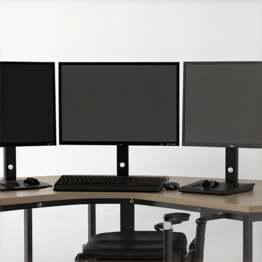 A clean workspace featuring five 4K monitors with ergonomic positioning and calibration tools.