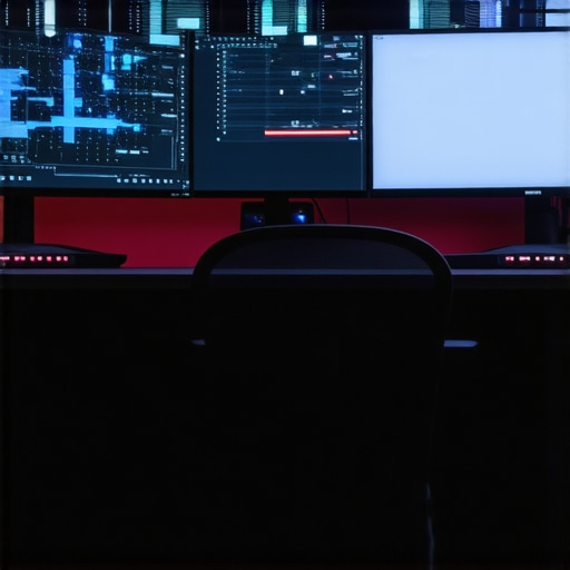 A well-organized workspace featuring dual 4K monitors, ergonomic chair, and neutral lighting for productivity.