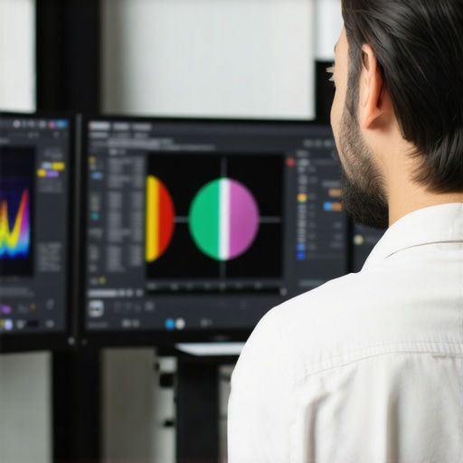 Expert aligning color profiles on dual 4K office monitors with calibration device