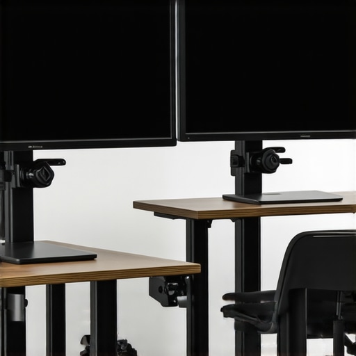 Dual monitors set at eye level with calibration tools and adjustable arms in a tidy office