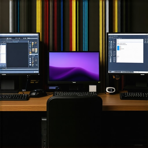 A workspace showing color-accurate monitors, calibration device, and organized cables for optimal setup maintenance.