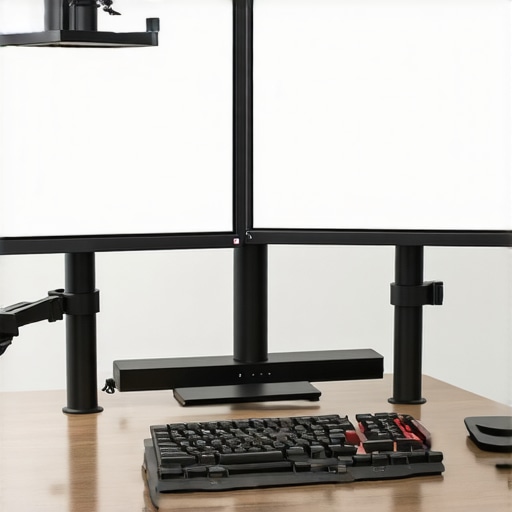 A modern office desk featuring two large, color-calibrated 4K monitors mounted on sturdy adjustable arms, arranged ergonomically.