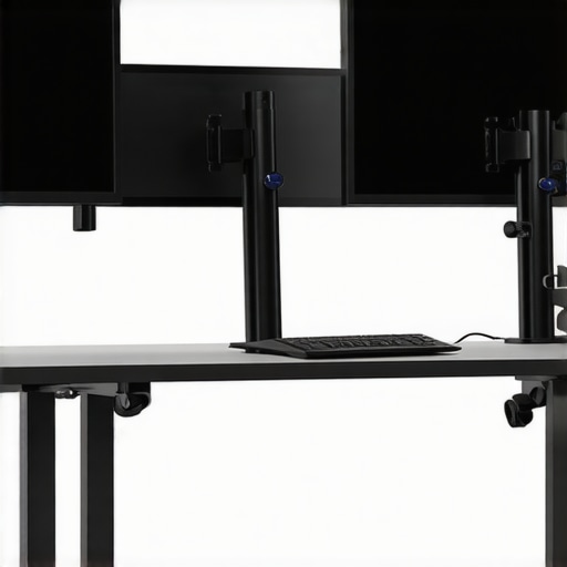 A professional workspace with two monitors aligned at eye level, setup for ergonomic comfort.