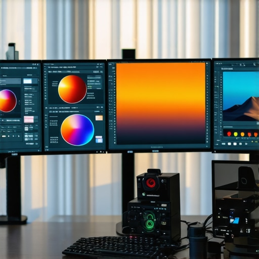 Person using a hardware calibration device on a high-resolution monitor in a professional office setting.