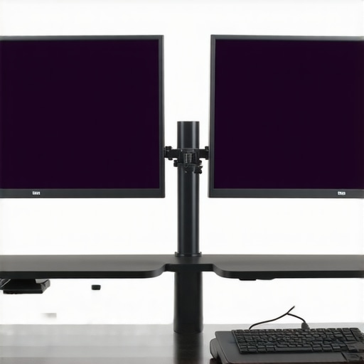 Office workspace with stacked vertical monitors on adjustable arms, tidy cables, and ergonomic design